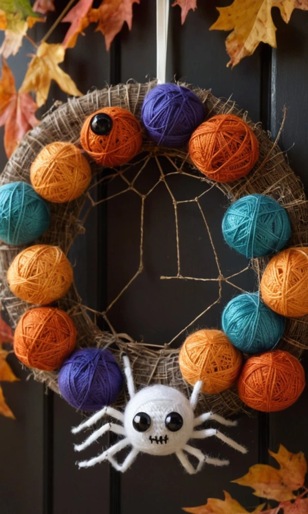 Yarn Ball Spider Wreath