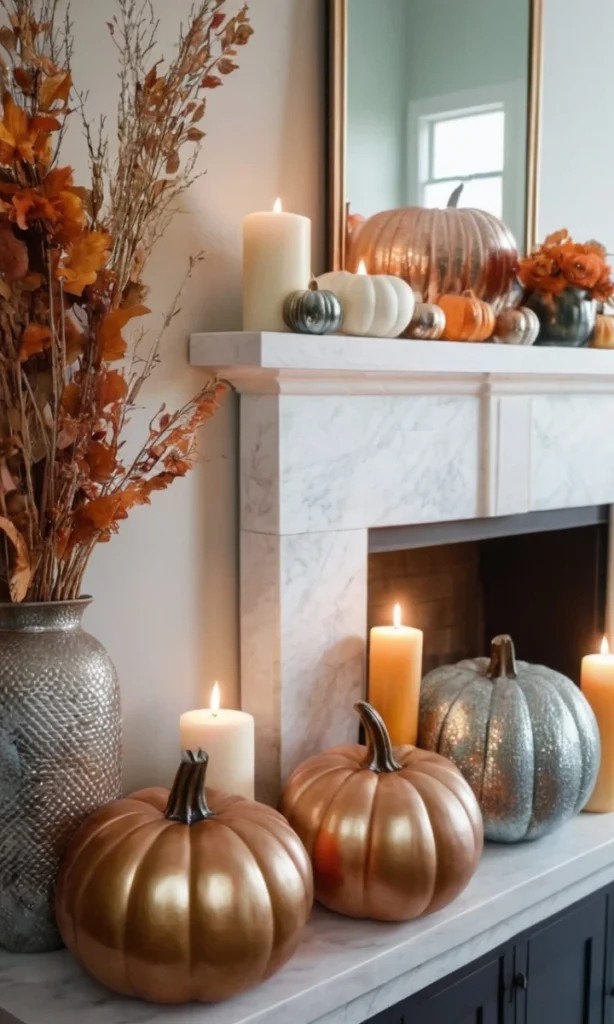 a stylish fall mantle decorated with painted pumpkins