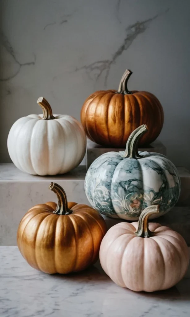 five pumpkins painted in chic designs