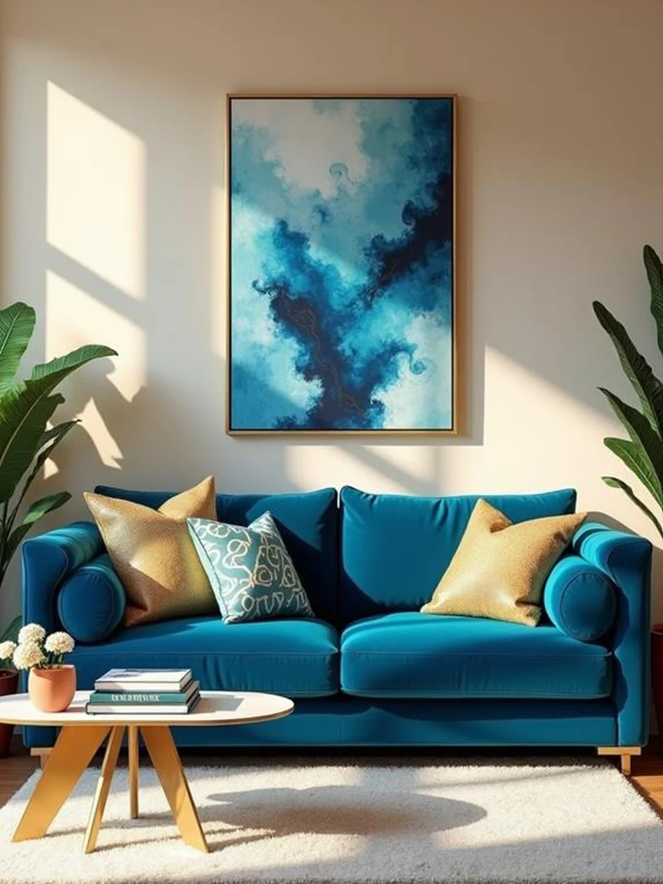 Blue Velvet Sofa Living Room Ideas - Combine with Crisp White Rug