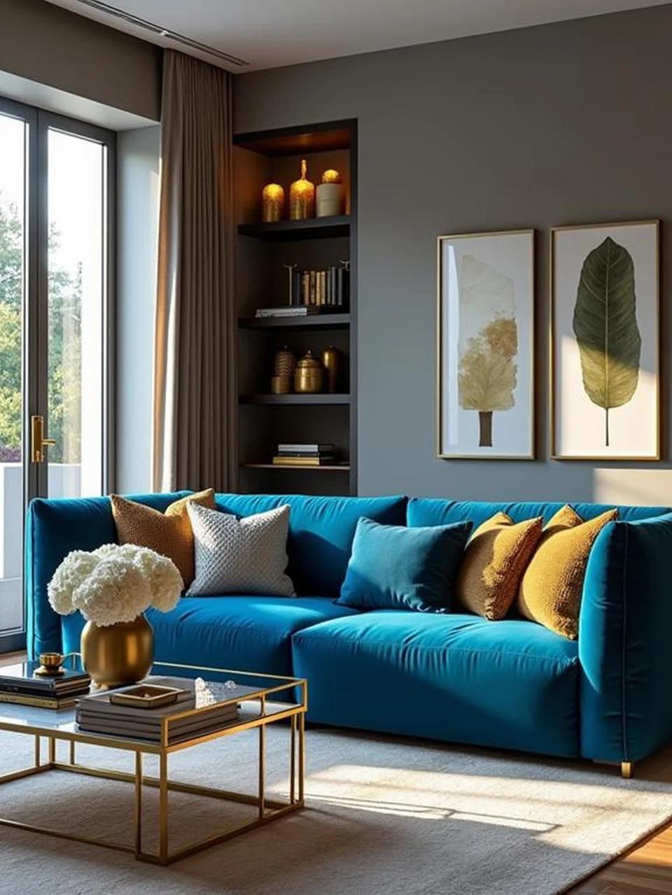 Blue Velvet Sofa Living Room Ideas - Make Use of Gold Accents