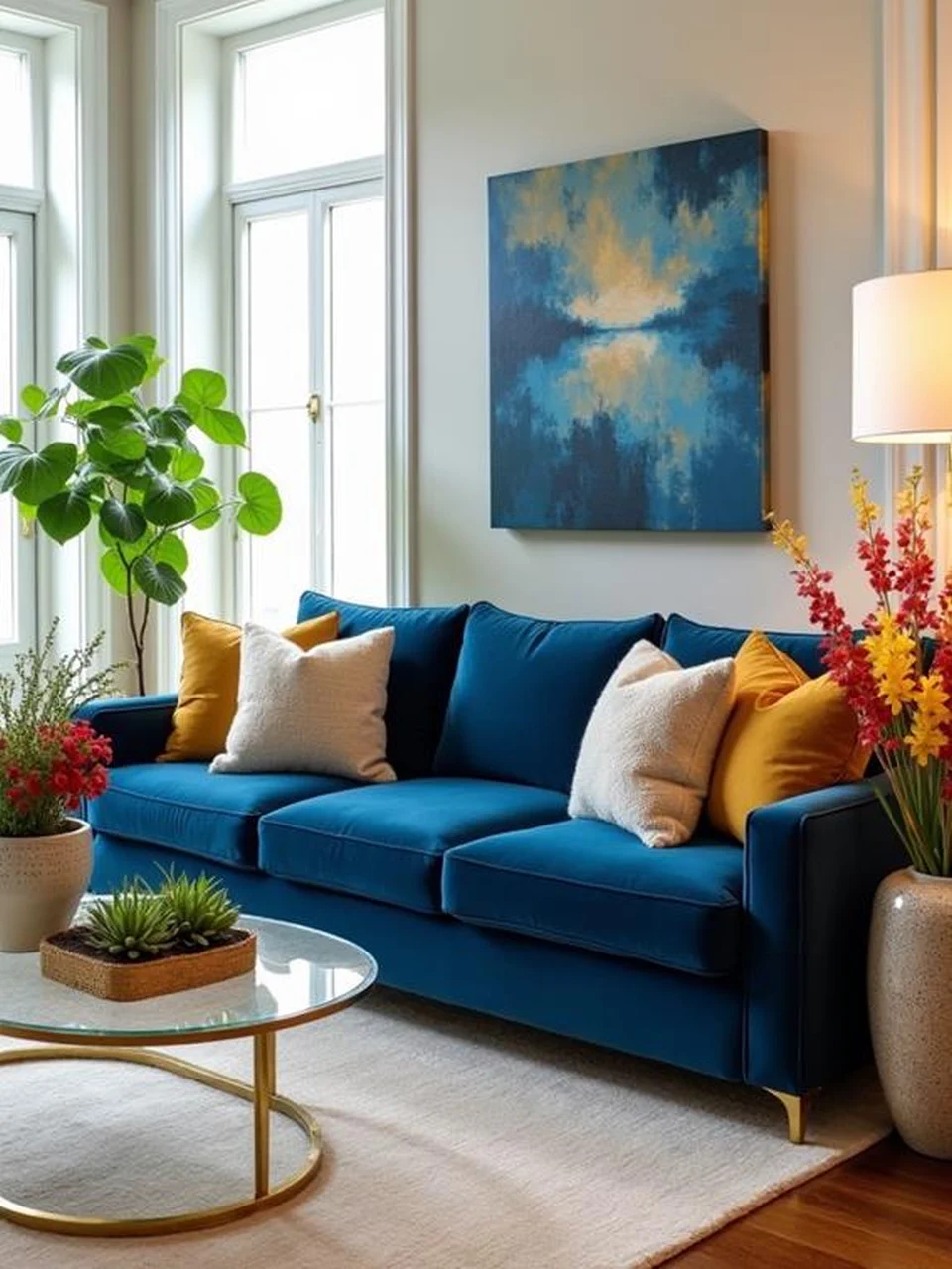 Blue Velvet Sofa Living Room Ideas - Bring in Plants or Floral Arrangements