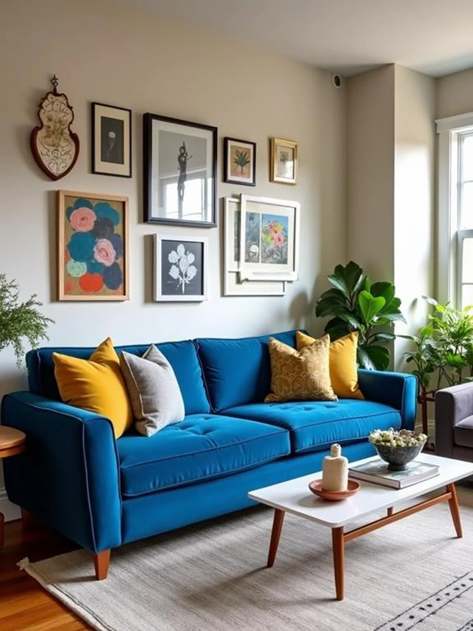 Blue Velvet Sofa Living Room Ideas - Set up a Gallery Wall