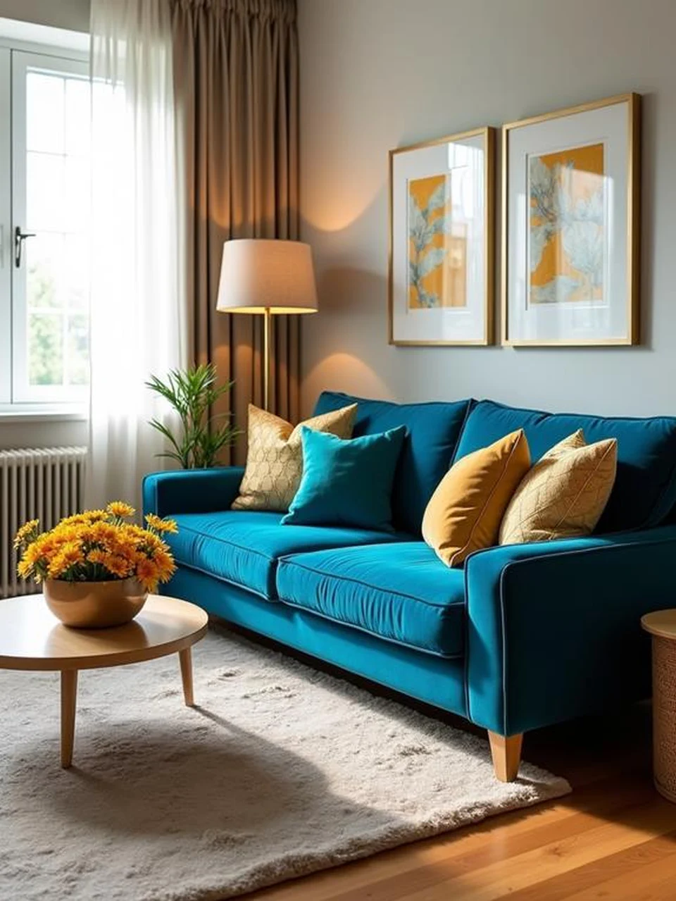 Blue Velvet Sofa Living Room Ideas - Use Wooden Flooring