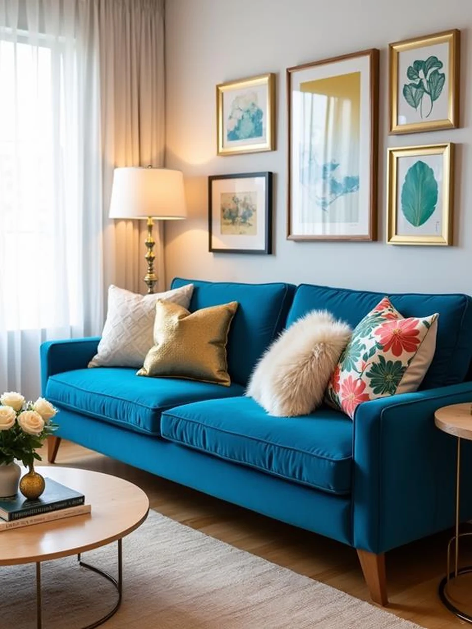 Blue Velvet Sofa Living Room Ideas - Add Pillows in Different Textures and Patterns