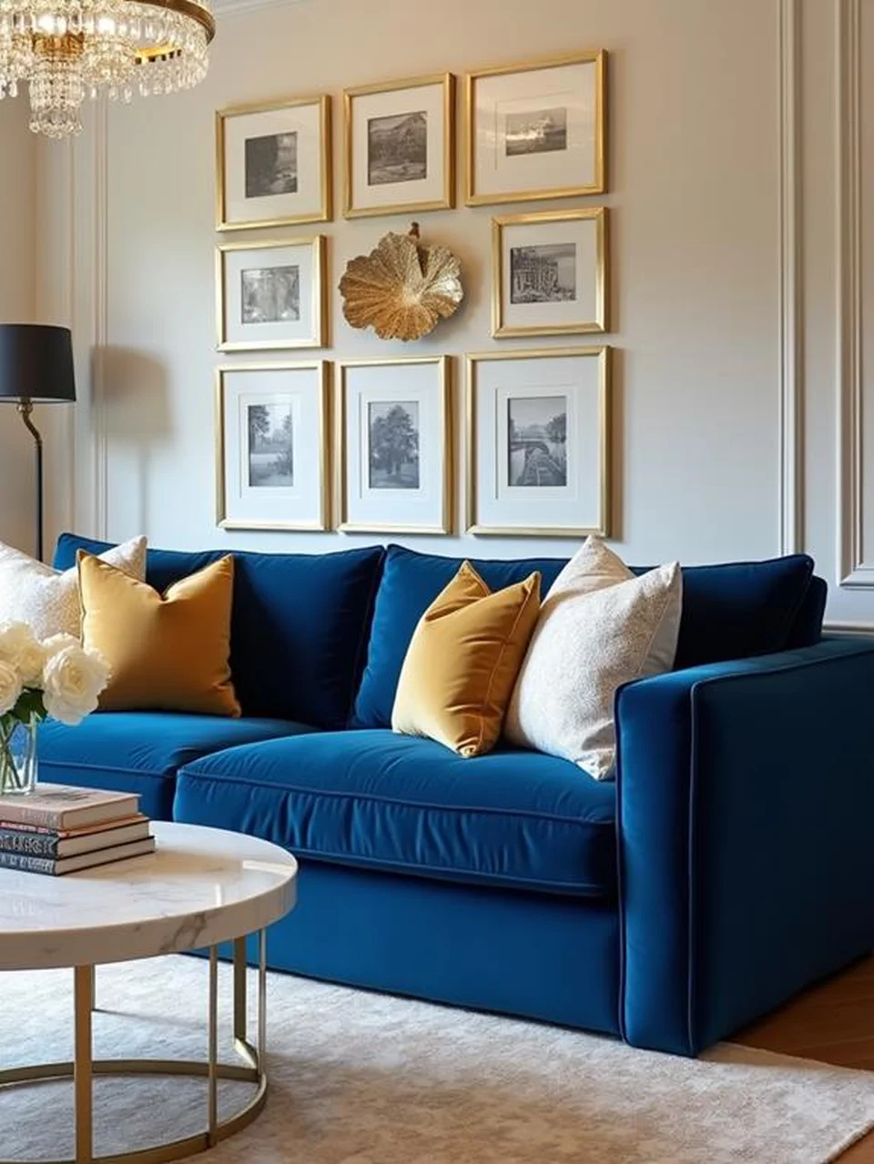 Blue Velvet Sofa Living Room Ideas - Use Elegant Lighting Fixtures