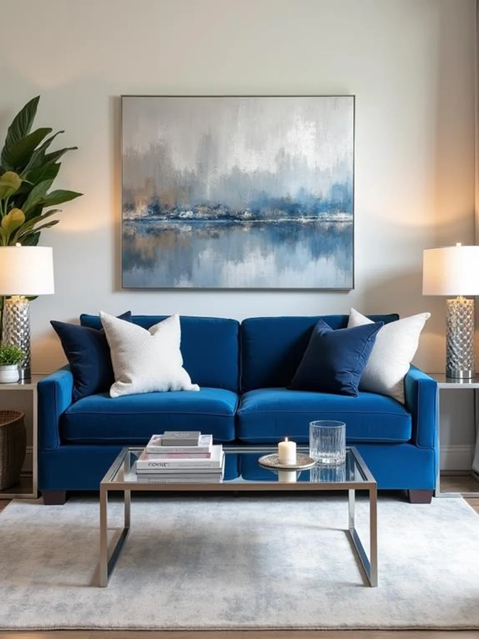 Blue Velvet Sofa Living Room Ideas - Include Silver Accents