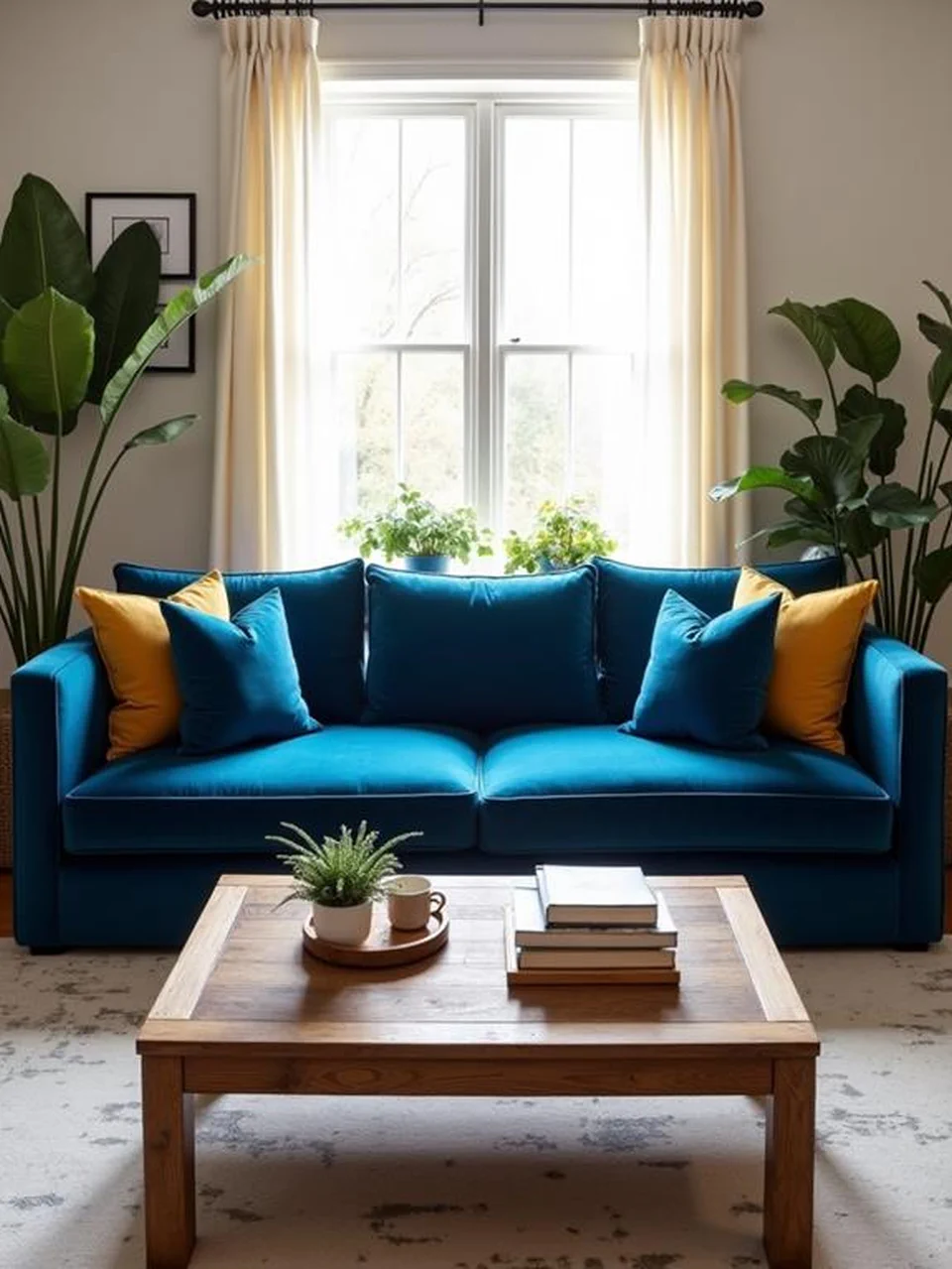 Blue Velvet Sofa Living Room Ideas - Pair with a Rustic Coffee Table