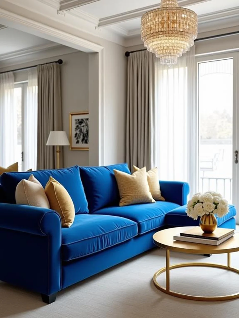 Blue Velvet Sofa Living Room Ideas - Install a Stylish Chandelier