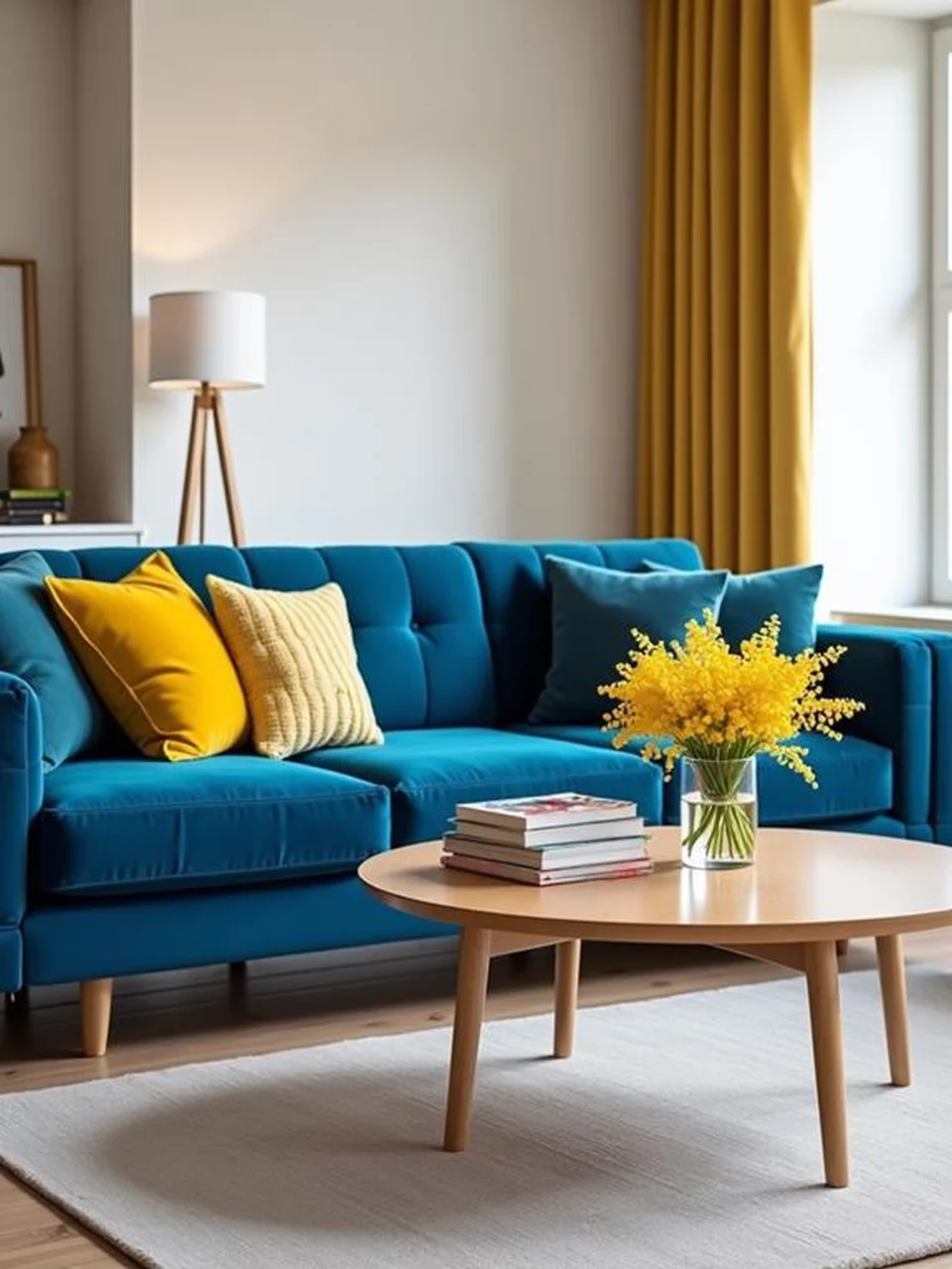 Blue Velvet Sofa Living Room Ideas - Accent with Yellow