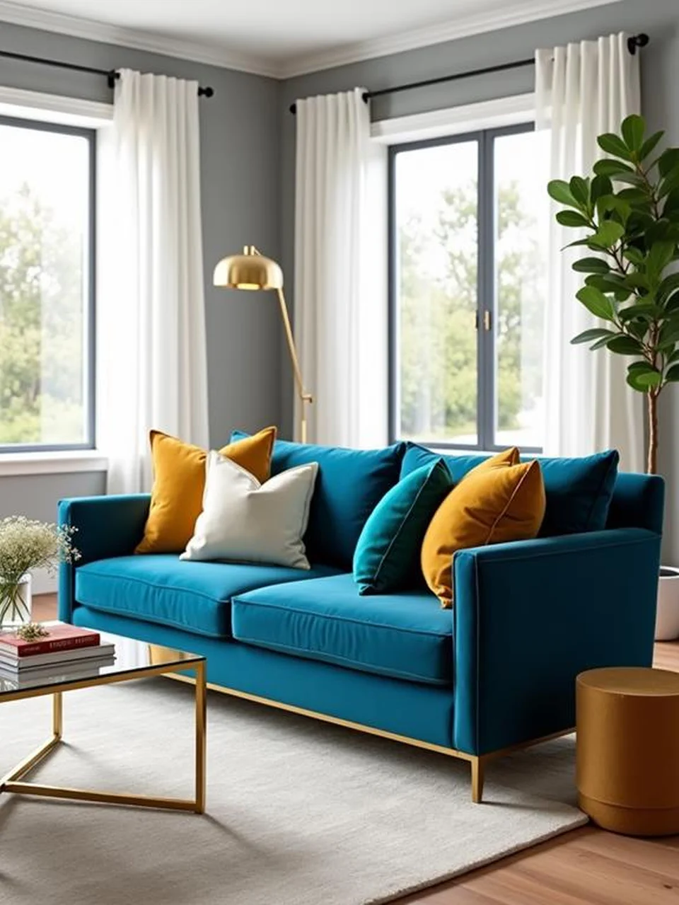 Blue Velvet Sofa Living Room Ideas - Soft Gray Walls for Backdrop