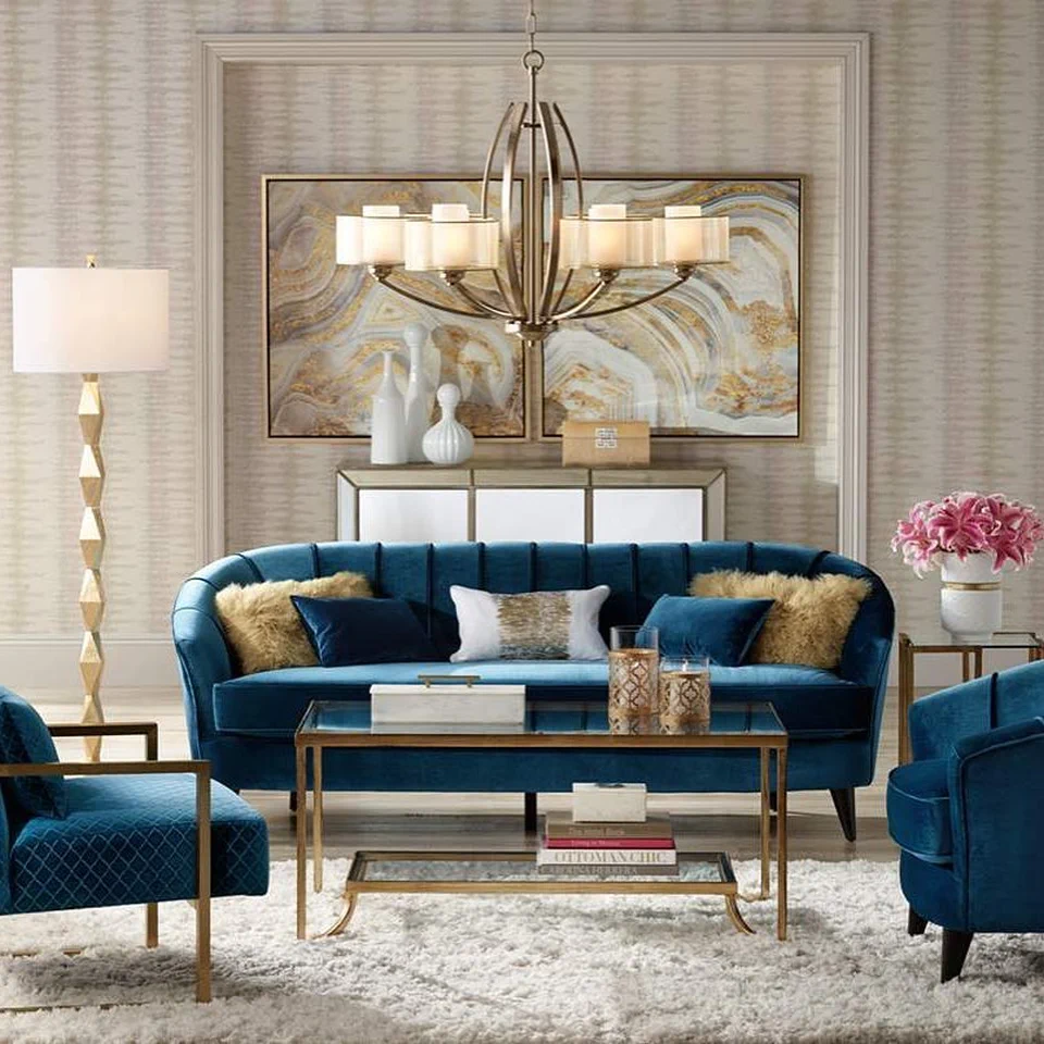 Blue Velvet Sofa Living Room Ideas - Gold Accent Ultra Glam Living Room	