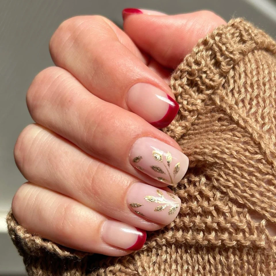 Chic Sparkly Gold and Deep Red French Tip