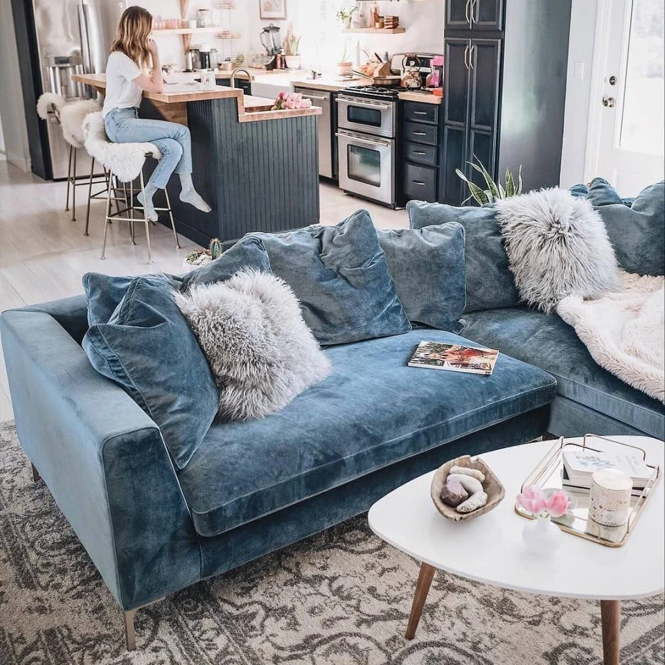 Blue Velvet Sofa Living Room Ideas - Casual Luxe	