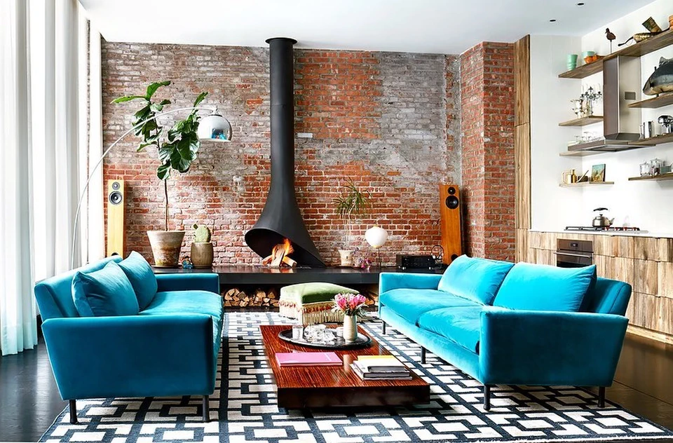 Blue Velvet Sofa Living Room Ideas - Bare Red Brick Wall for a Contrast	