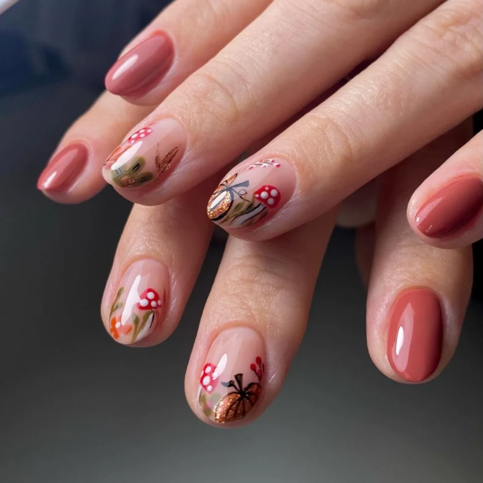 Mushroom and Sparkly Pumpkin Pattern Nails