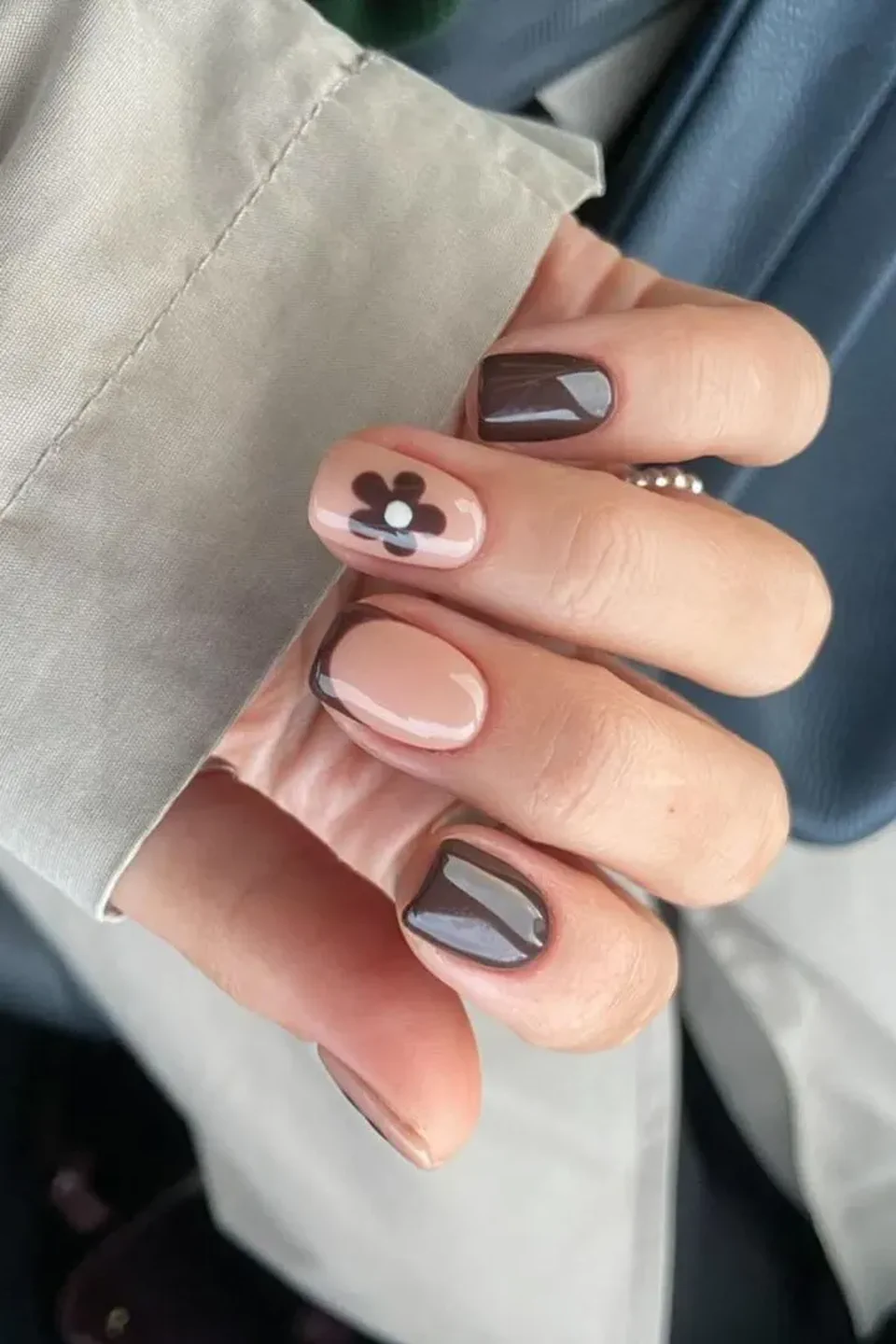 Dark Brown Floral Nails with Negative Space