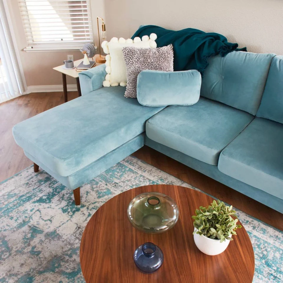 Blue Velvet Sofa Living Room Ideas - Glacier Blue for Vintage Look	