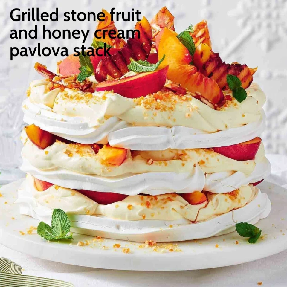 Grilled Stone Fruit and Honey Cream Pavlova Stack