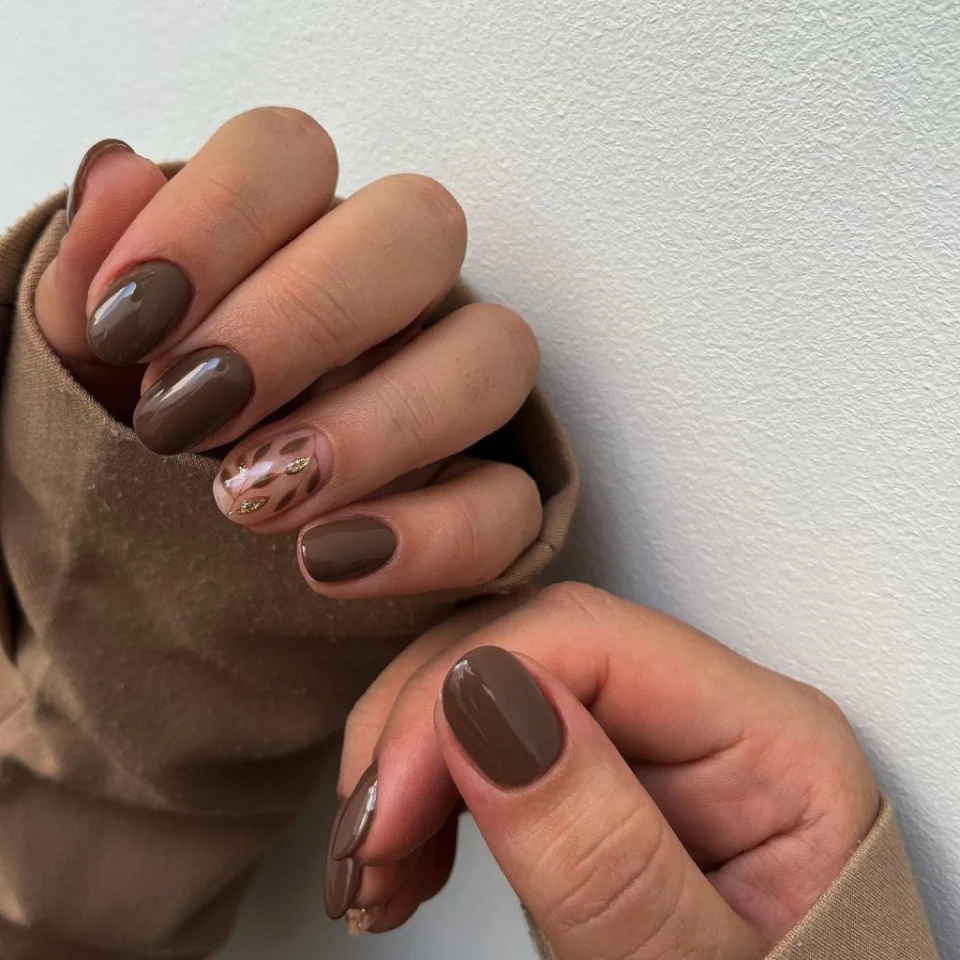 Brown Nails with a Pop of Gold