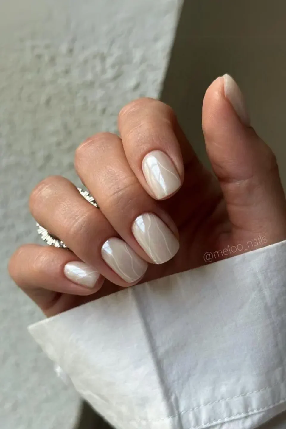 Milky White Nails with Silver Lines