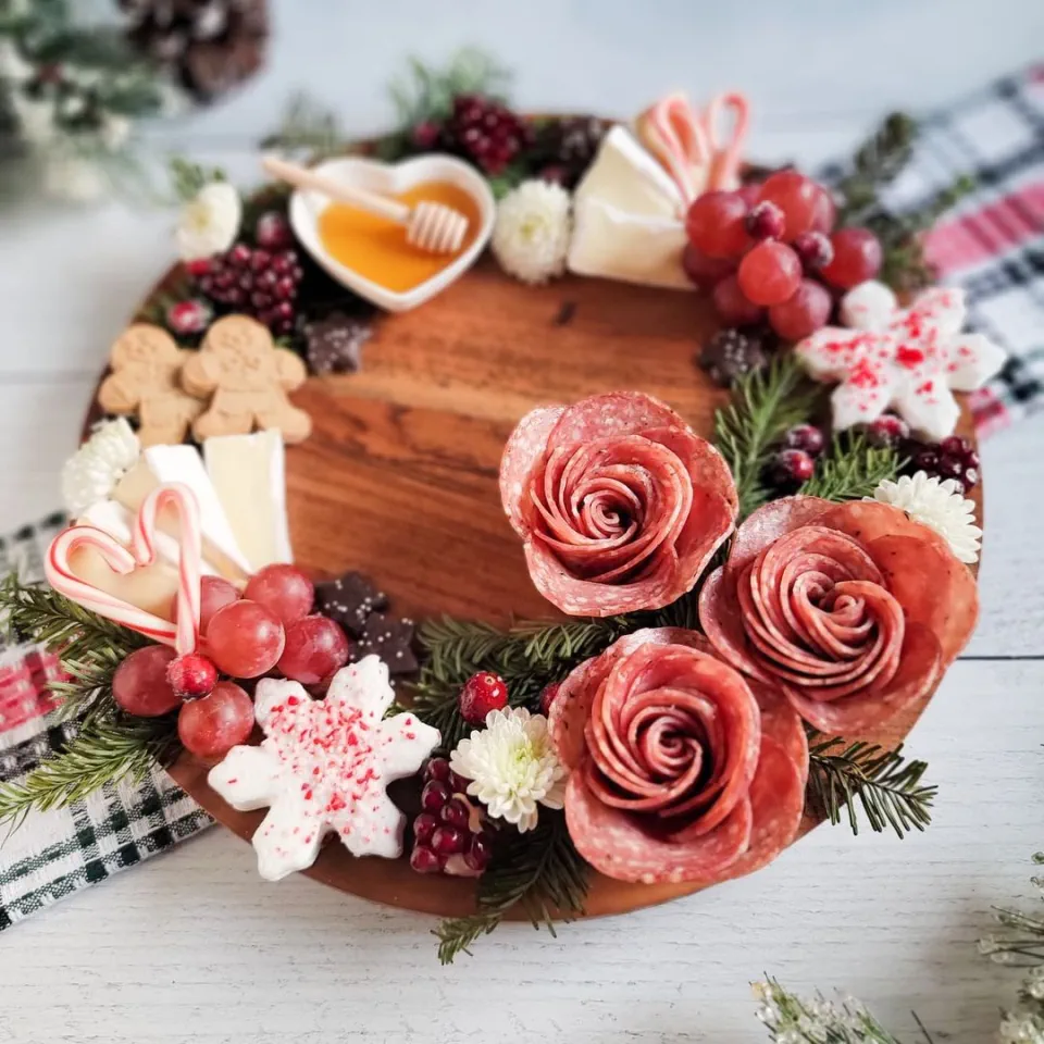 Christmas Charcuterie Board Ideas 36 - Three Salami Roses