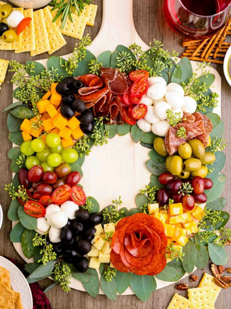 Christmas Charcuterie Board Ideas 9 - Cheese, Olives, and Grapes