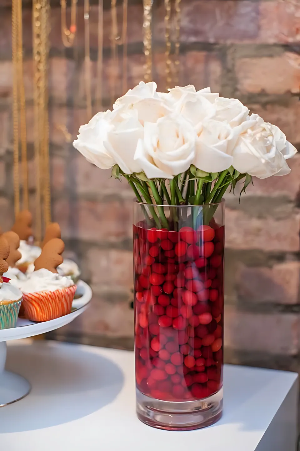 DIY Christmas Centerpiece 1 - Cranberries and White Roses	