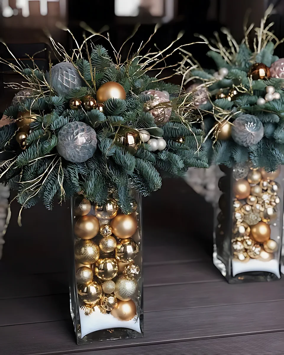 DIY Christmas Centerpiece 10 - Gold Ornaments and Evergreen	