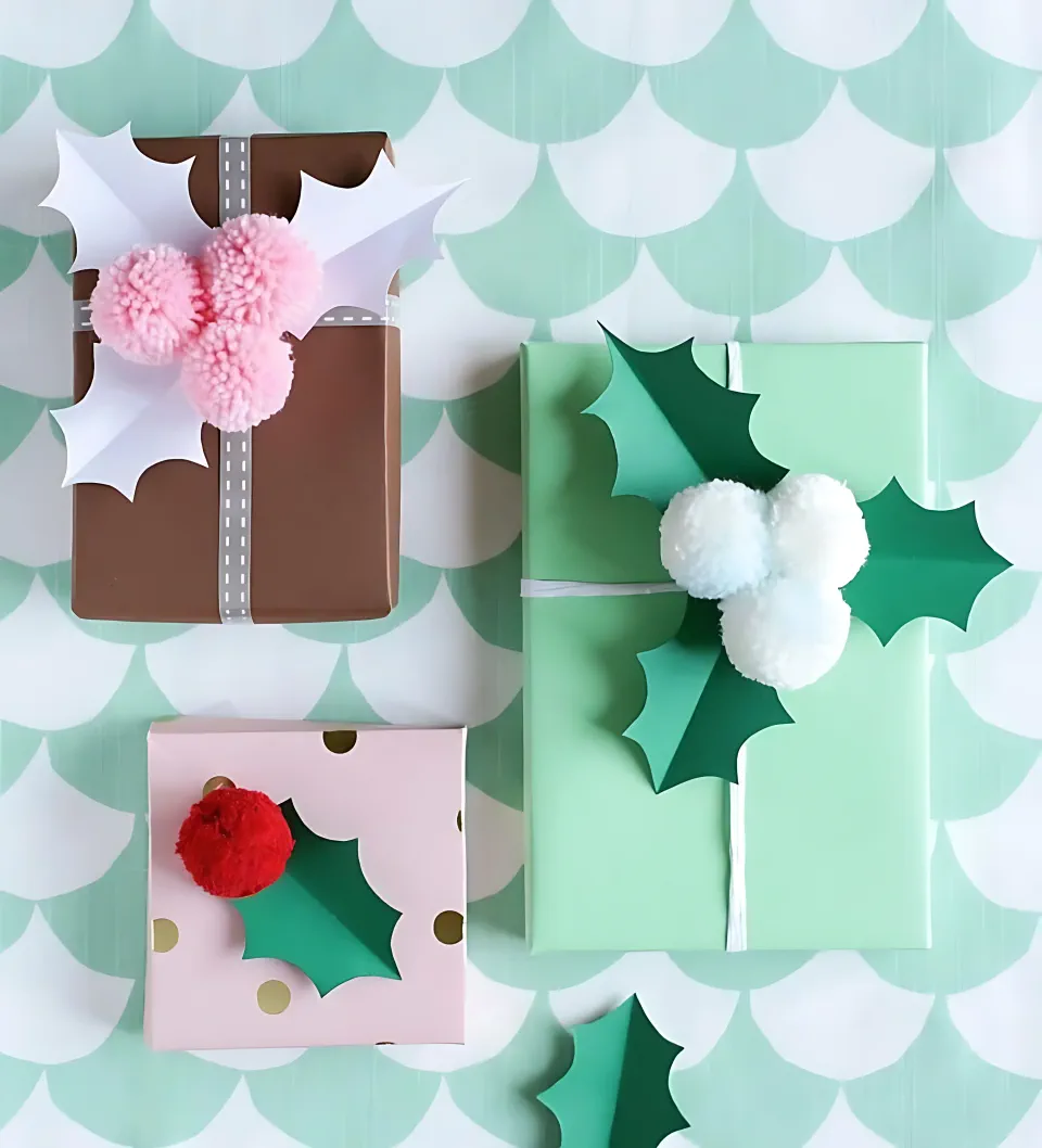 DIY Christmas Gift Wrapping Ideas 23 - Pompoms Holly Craft		